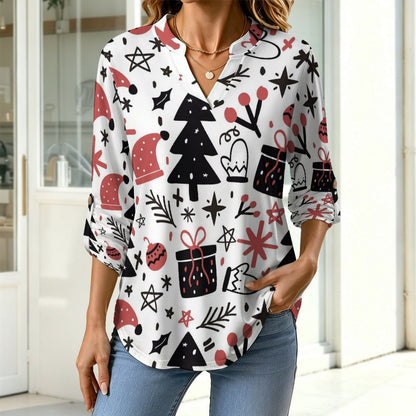 Christmas, Tree, Christmas Hat  Versatile Notched V-Neck Tunic | Roll Tab 3/4 Sleeve Office Casual Top