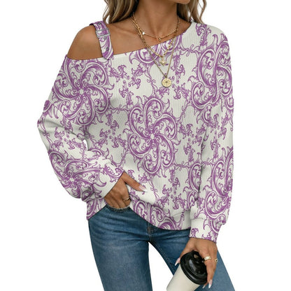 Fall Casual Asymmetric Shoulder Knit Top with Buckle Detail Purple Retro Pattern