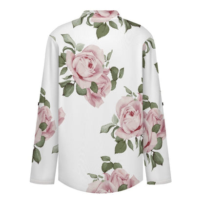 Stand-up Collar Long-sleeved Shirt Rose Repeat Tablecloth Curtain white S Women’s V-Neck Blouses