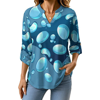 Women Curved Hem V Neck Roll Sleeve Casual Work Top  Blue Water Droplets