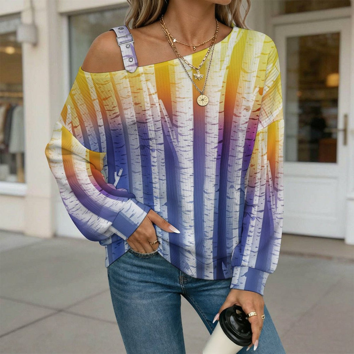 Buckle Strap Asymmetrical Off Shoulder Knit Sweater Birch Tree Background
