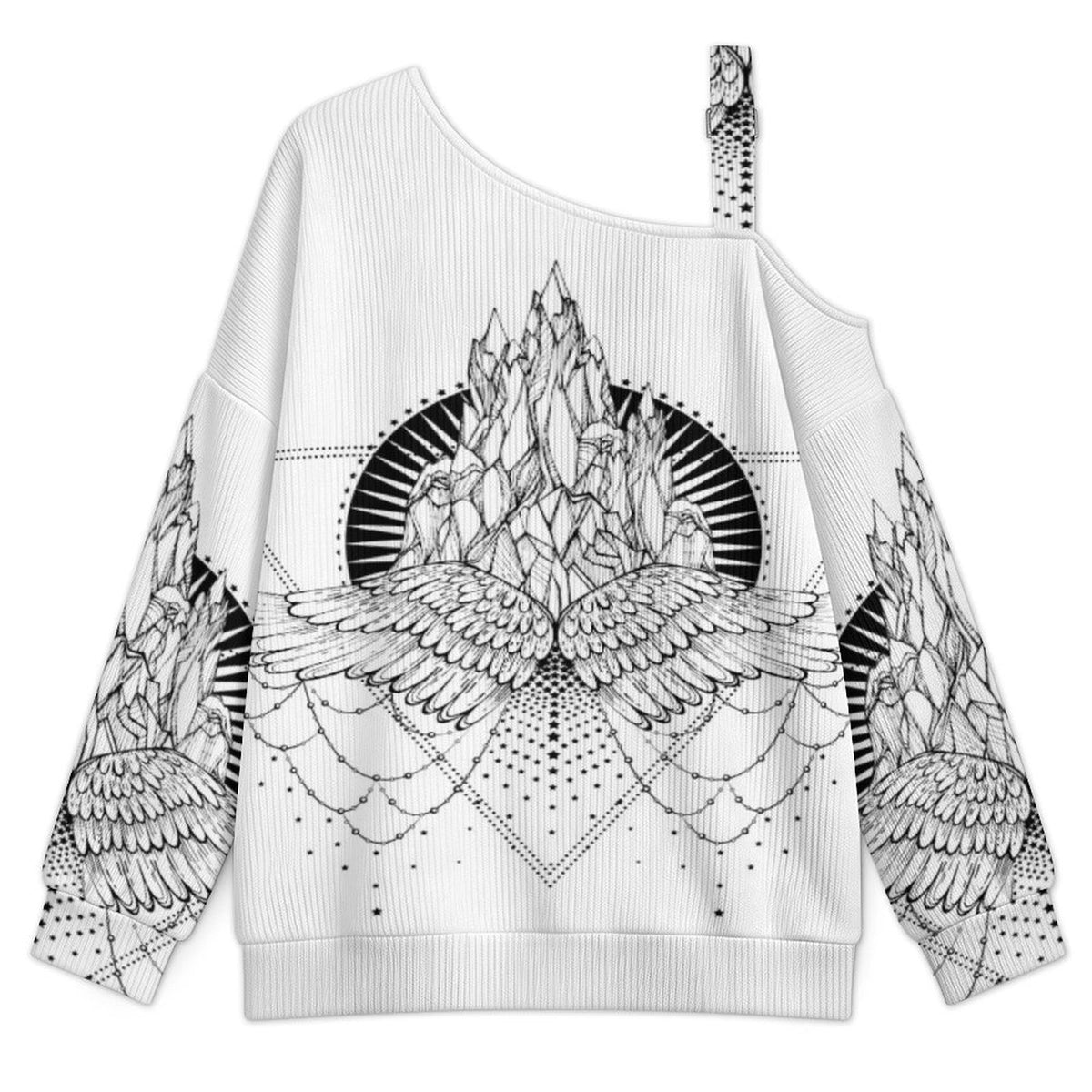 Wing Buckle Strap Asymmetrical Off Shoulder Knit Sweater