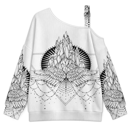 Wing Buckle Strap Asymmetrical Off Shoulder Knit Sweater