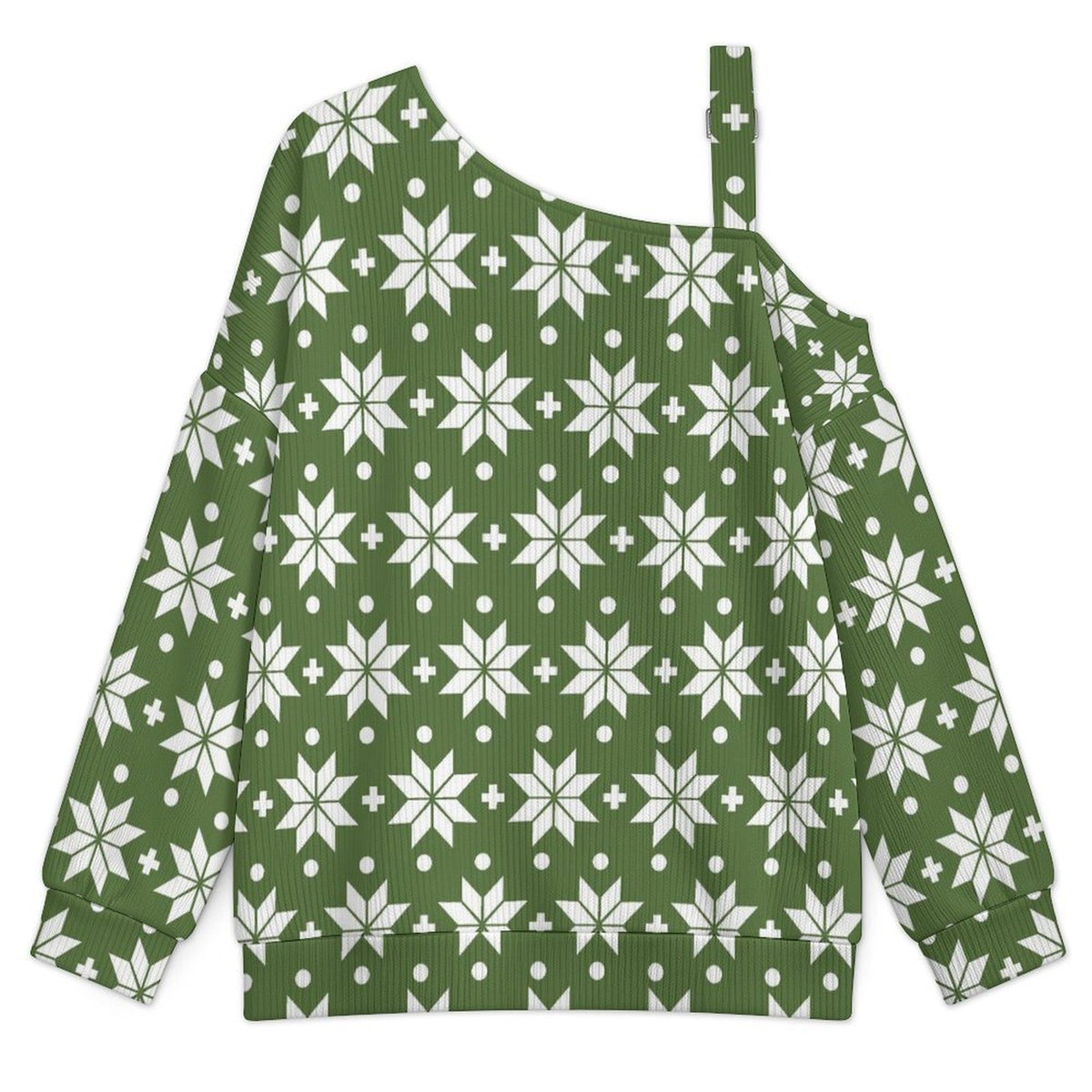 Fall Casual Asymmetric Shoulder Knit Top with Buckle Detail Christmas - Repeat - Pattern - Green - White - Christmas Pattern