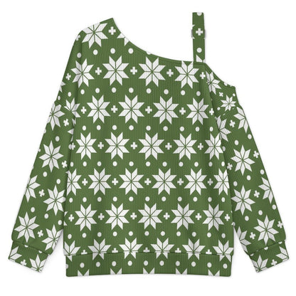 Fall Casual Asymmetric Shoulder Knit Top with Buckle Detail Christmas - Repeat - Pattern - Green - White - Christmas Pattern
