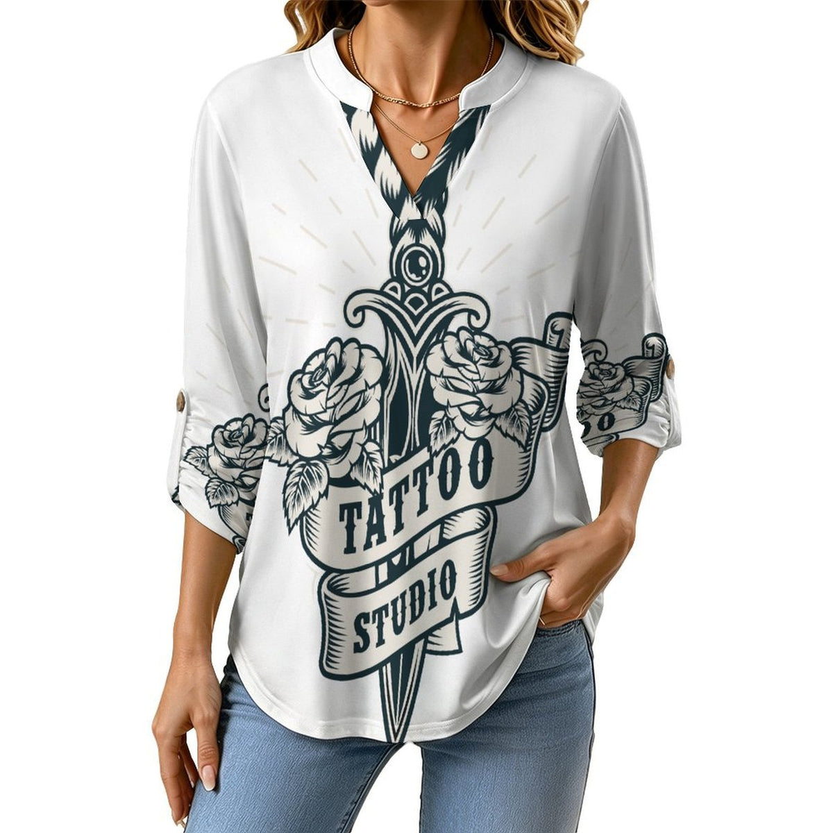Dagger, Weapon Women's Notched V Neck Tunic Tops, Roll Up 3/4 Sleeve Button Cuff Casual Blouse, Hem Loose Work Shirts