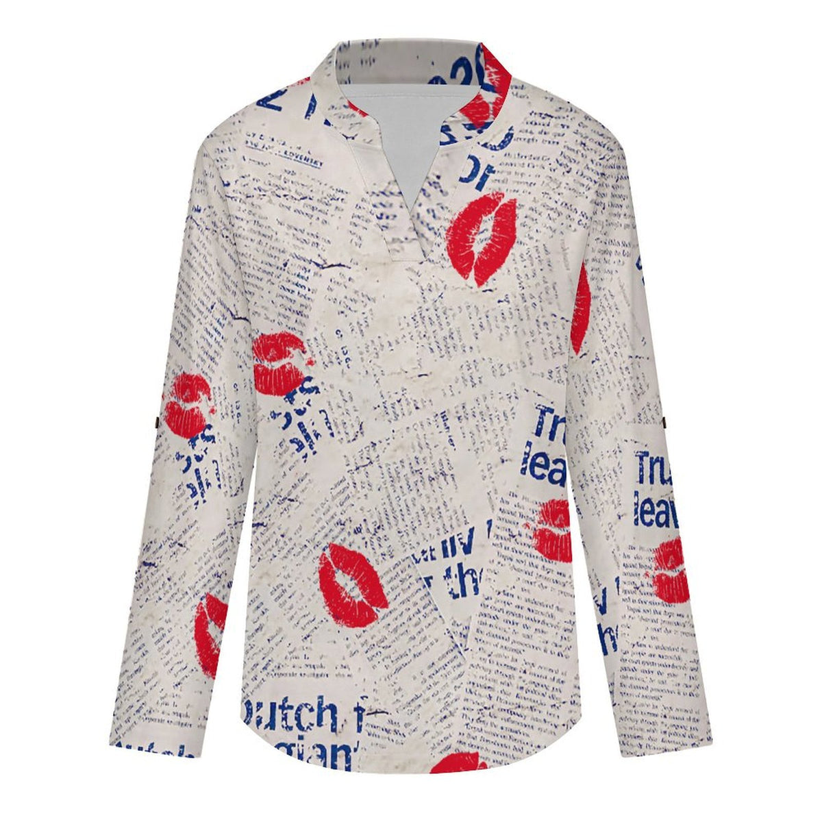 Versatile Notched V-Neck Tunic  Roll Tab 3/4 Sleeve Office Casual Top  Newspaper Red Lip Print Blue Letters