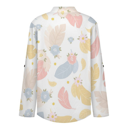 Women's Notched V Neck Tunic Tops, Roll Up 3/4 Sleeve Button Cuff Casual Blouse, Hem Loose Work Shirts  Colored Leaves