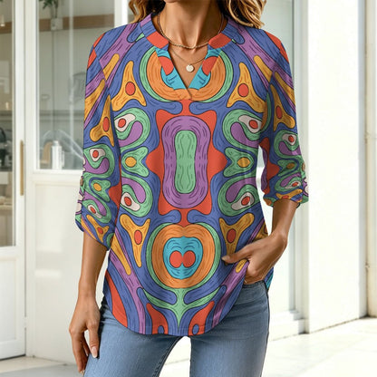 Women Curved Hem V Neck Roll Sleeve Casual Work Top  Repetitive Pattern