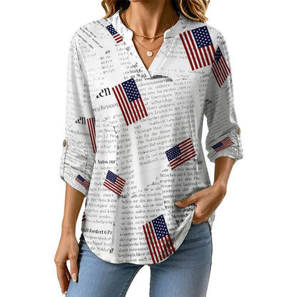Newspaper, Repeating Pattern  Versatile Notched V-Neck Tunic | Roll Tab 3/4 Sleeve Office Casual Top