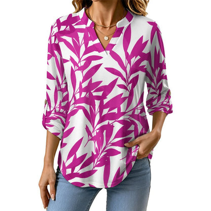 Purple Leaves, Repeating Pattern  Versatile Notched V-Neck Tunic | Roll Tab 3/4 Sleeve Office Casual Top