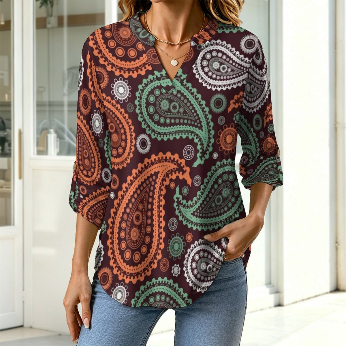 Paisley  Women Curved Hem V Neck Roll Sleeve Casual Work Top