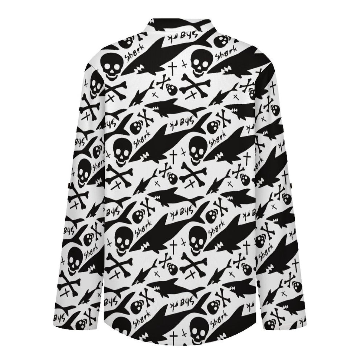 Women's Notched V Neck Tunic Tops, Roll Up 3/4 Sleeve Button Cuff Casual Blouse, Hem Loose Work Shirts  Shark - Skull - Bone - Repeat Pattern - Black And White