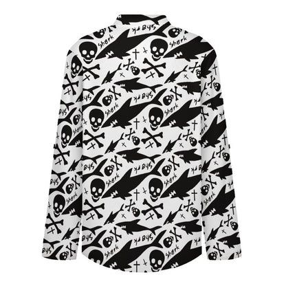 Women's Notched V Neck Tunic Tops, Roll Up 3/4 Sleeve Button Cuff Casual Blouse, Hem Loose Work Shirts  Shark - Skull - Bone - Repeat Pattern - Black And White
