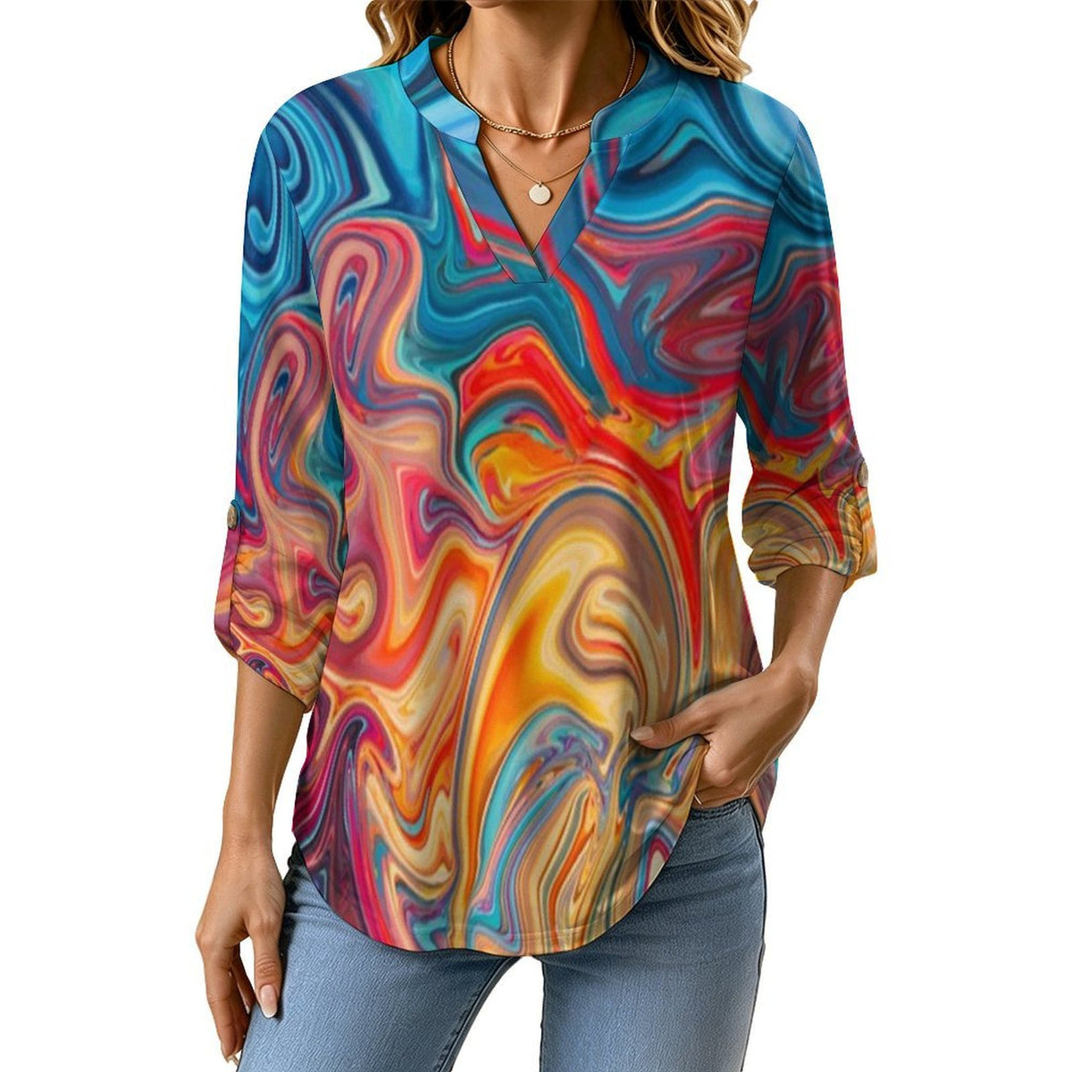 Stand-up Collar Long-sleeved Shirt Flowing Sci-fi Liquid Dazzle white S Women’s V-Neck Blouses