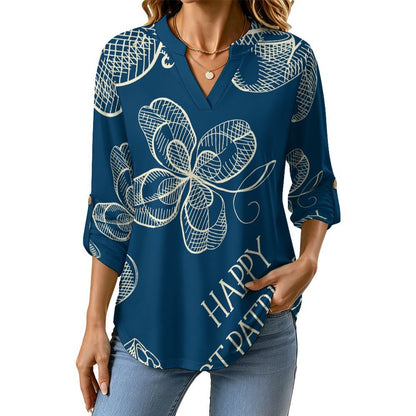 Women Curved Hem V Neck Roll Sleeve Casual Work Top  Blue, St. Patrick's Day, Pattern