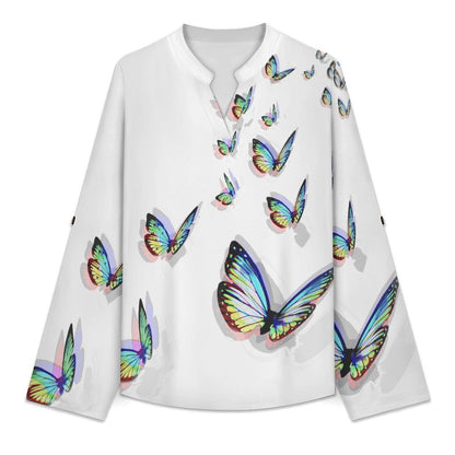 Colorful Butterfly  Versatile Notched V-Neck Tunic | Roll Tab 3/4 Sleeve Office Casual Top