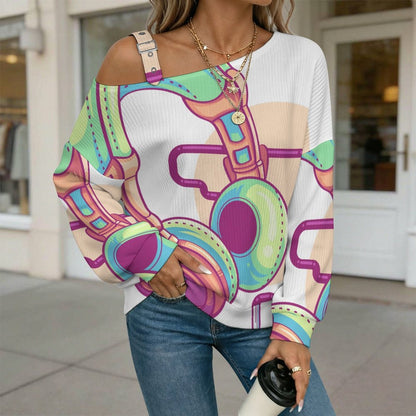 Women’s Off-Shoulder Knit Sweater Headphones, Music
