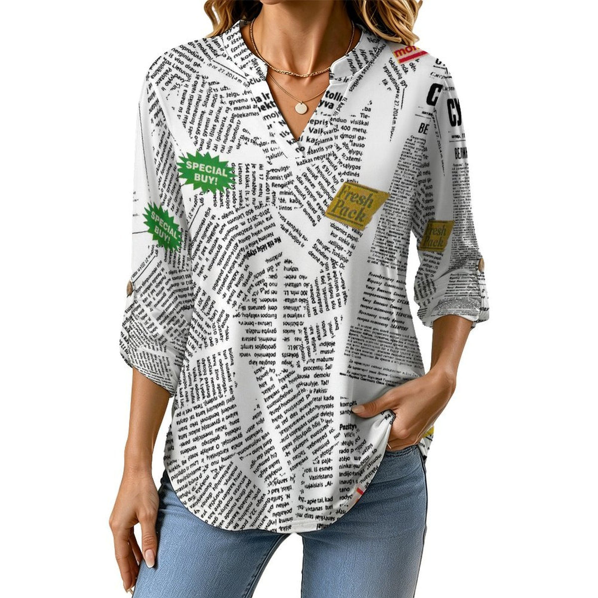Stand-up Collar Long-sleeved Shirt Newspaper white S Women’s V-Neck Blouses