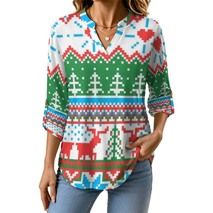 Versatile Notched V-Neck Tunic  Roll Tab 3/4 Sleeve Office Casual Top  Christmas Pattern