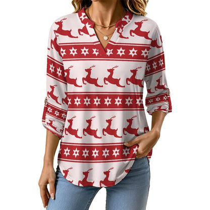 Christmas Reindeer Repeat Pattern  Versatile Notched V-Neck Tunic | Roll Tab 3/4 Sleeve Office Casual Top