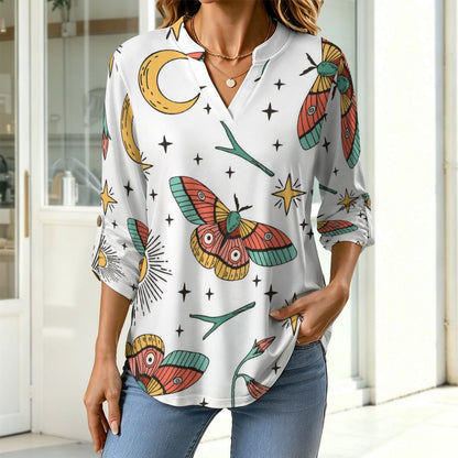 Color, Butterfly, Pattern Roll Tab 3/4 Sleeve Notched V Neck Tunic Blouse
