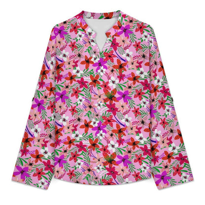 Flower Pattern  Versatile Notched V-Neck Tunic | Roll Tab 3/4 Sleeve Office Casual Top