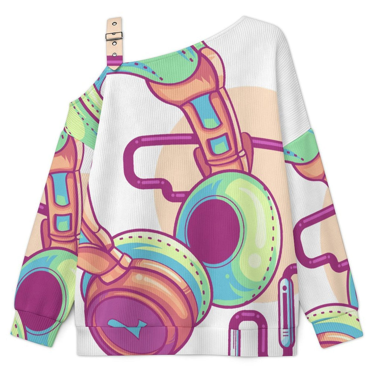 Women’s Off-Shoulder Knit Sweater Headphones, Music