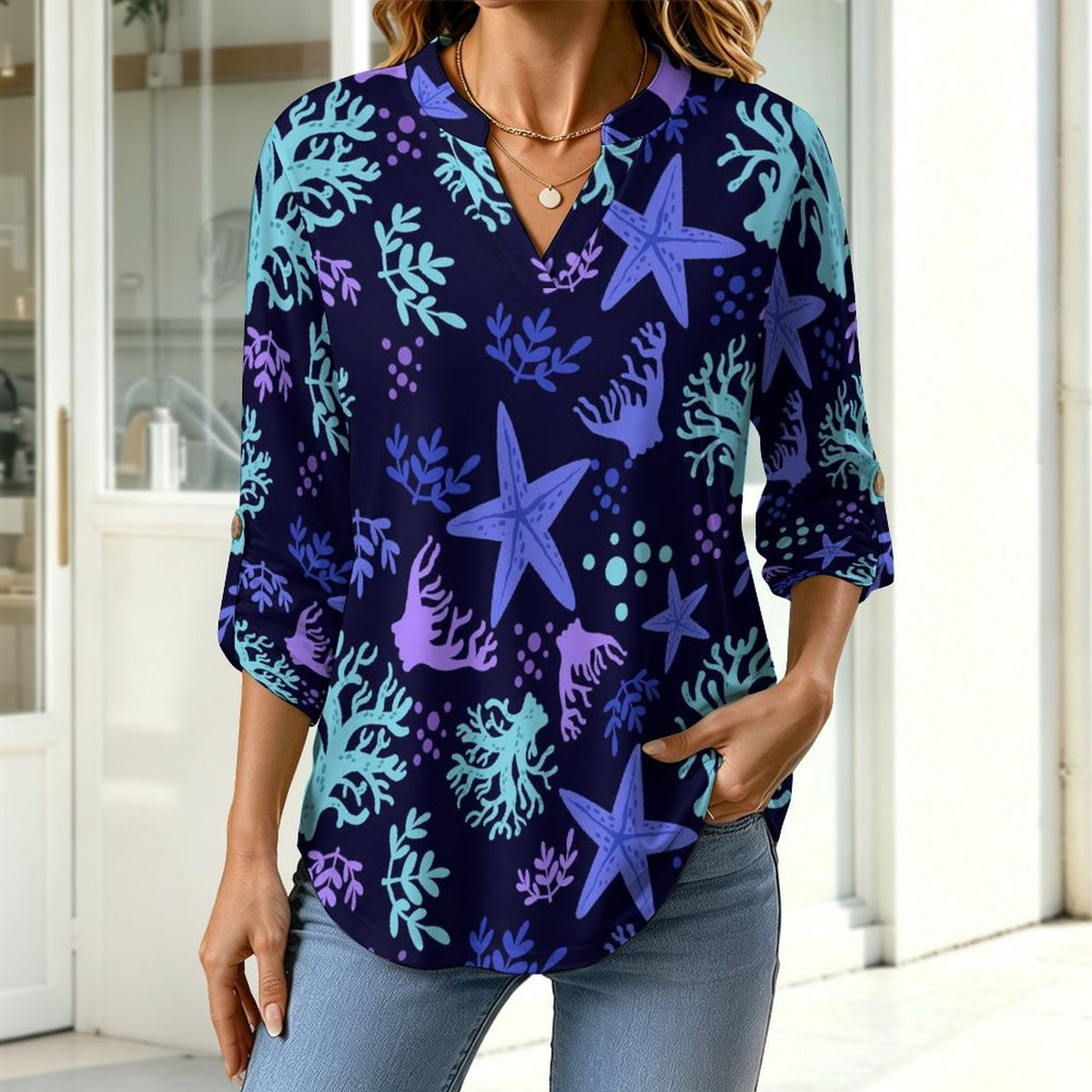 Women's Notched V Neck Tunic Tops, Roll Up 3/4 Sleeve Button Cuff Casual Blouse, Hem Loose Work Shirts  Ocean Pattern