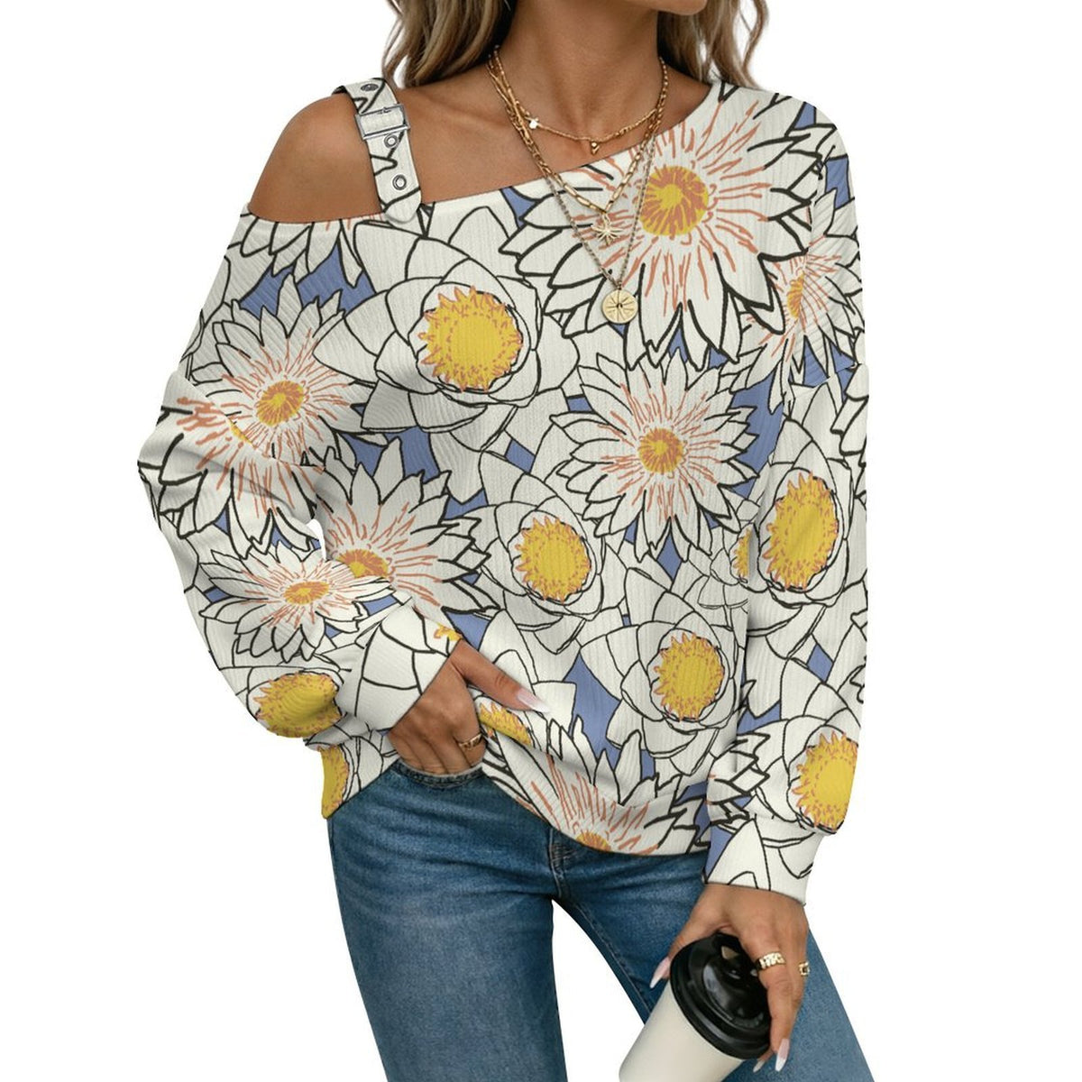 Buckle Strap Asymmetrical Off Shoulder Knit Sweater Flowers