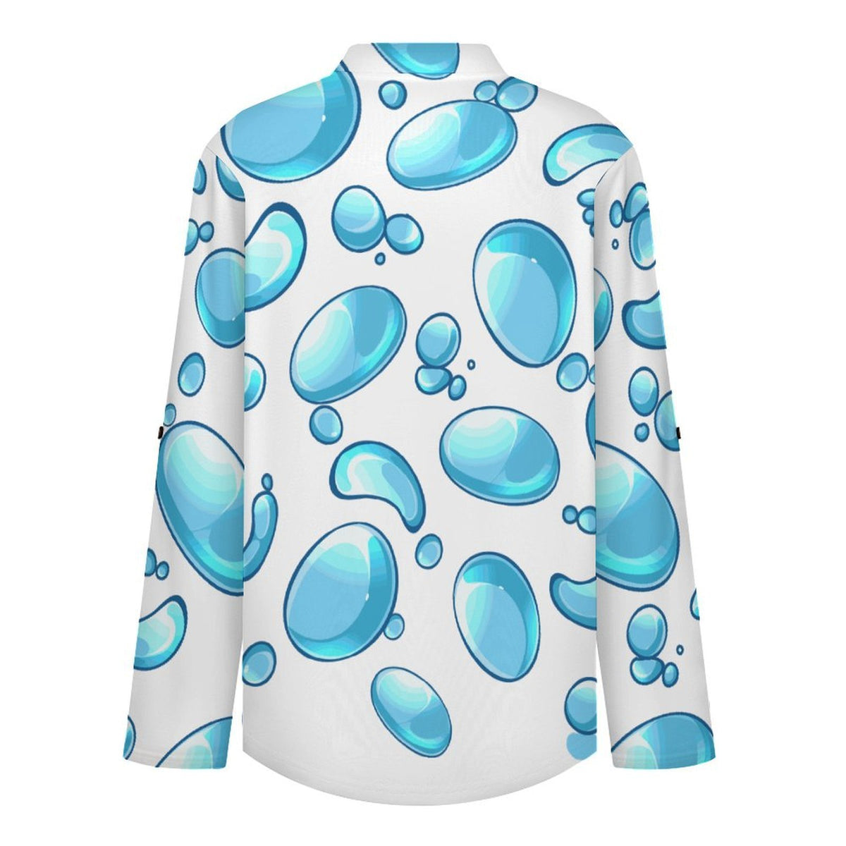 Women Curved Hem V Neck Roll Sleeve Casual Work Top  Blue Water Droplets