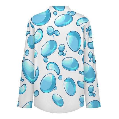 Women Curved Hem V Neck Roll Sleeve Casual Work Top  Blue Water Droplets