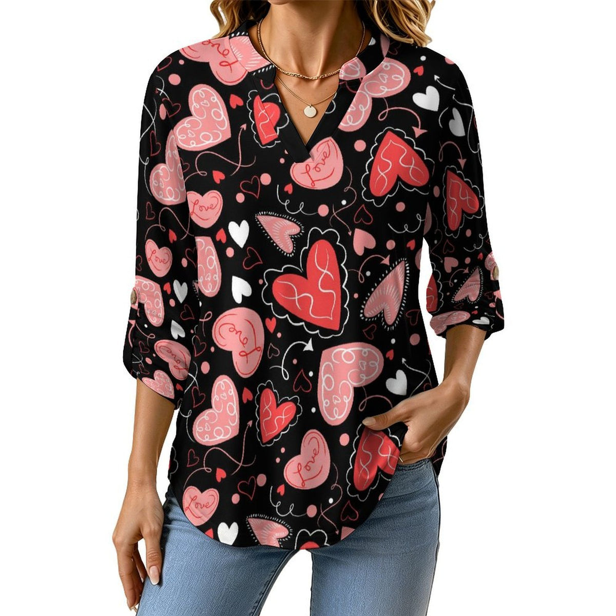 Love  Versatile Notched V-Neck Tunic | Roll Tab 3/4 Sleeve Office Casual Top
