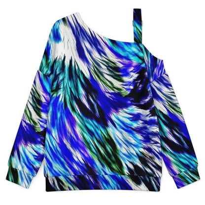 Women’s Off-Shoulder Knit Sweater Colorful Feather Pattern