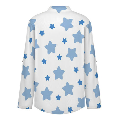 White, Blue Pentagram Roll Tab 3/4 Sleeve Notched V Neck Tunic Blouse