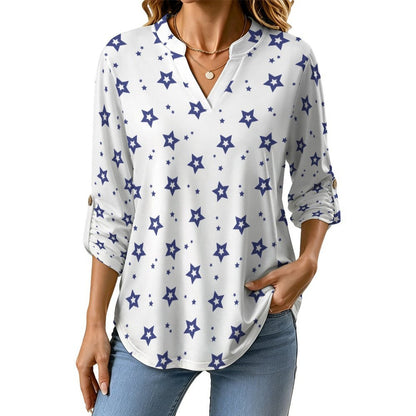 Stand-up Collar Long-sleeved Shirt Five-pointed Stars white S Women’s V-Neck Blouses