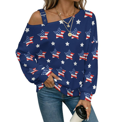 Buckle Strap Asymmetrical Off Shoulder Knit Sweater American Flag Star