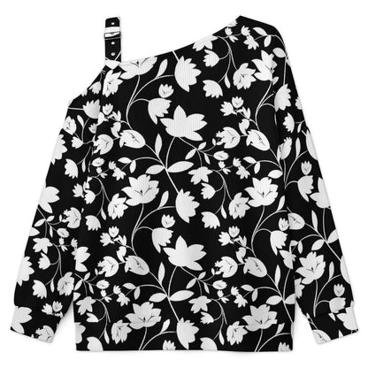Fall Casual Asymmetric Shoulder Knit Top with Buckle Detail Flower