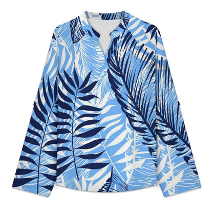 Summer-flower-blue-yellow-full Print-T-shirt-phone Case  Women Curved Hem V Neck Roll Sleeve Casual Work Top