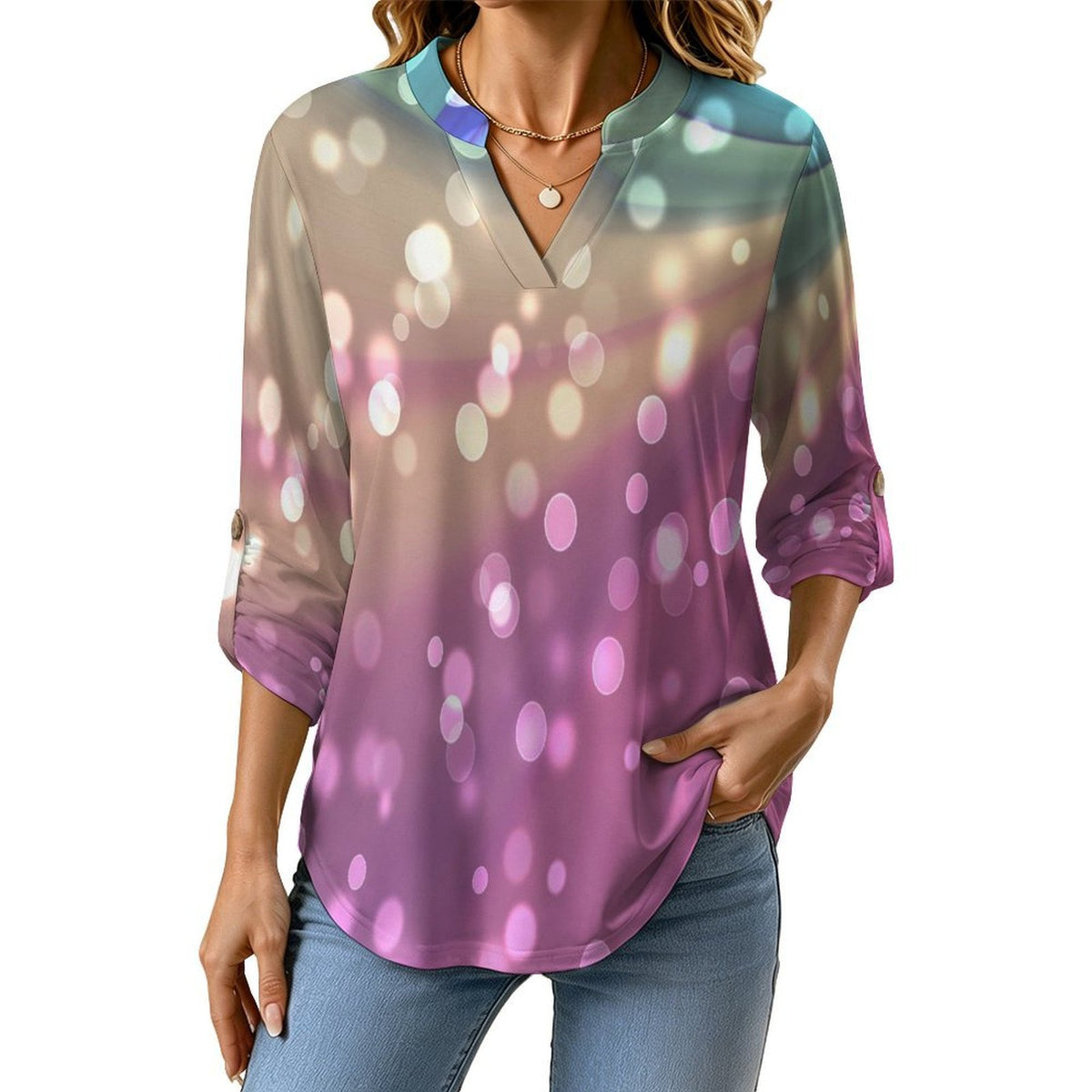 Color, Dazzling Starlight  Versatile Notched V-Neck Tunic | Roll Tab 3/4 Sleeve Office Casual Top