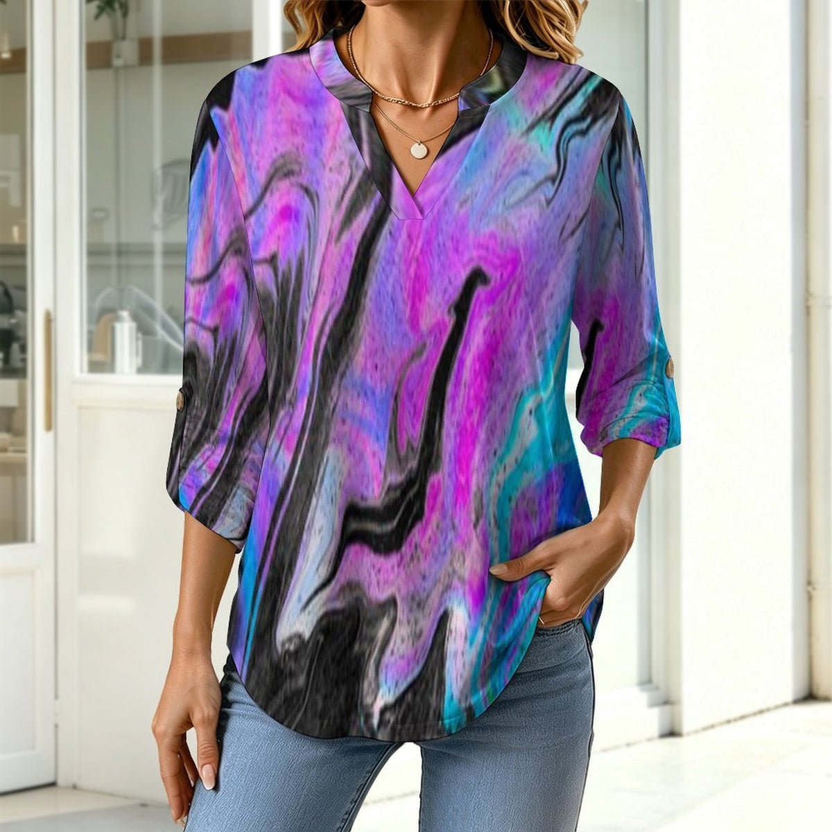 Stand-up Collar Long-sleeved Shirt Flowing Sci-fi Liquid Dazzle white S Women’s V-Neck Blouses