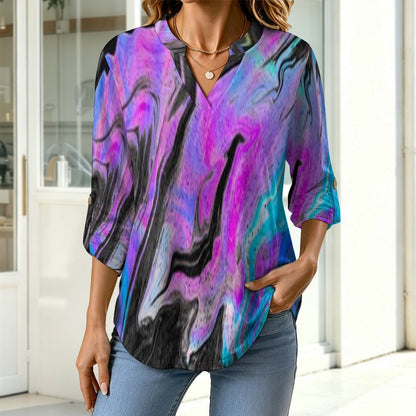 Stand-up Collar Long-sleeved Shirt Flowing Sci-fi Liquid Dazzle white S Women’s V-Neck Blouses