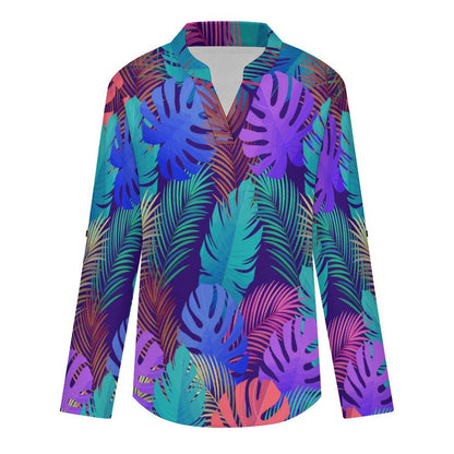 Women's Notched V Neck Tunic Tops, Roll Up 3/4 Sleeve Button Cuff Casual Blouse, Hem Loose Work Shirts Color, Leaves, Summer