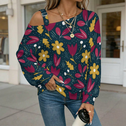 Fall Casual Asymmetric Shoulder Knit Top with Buckle Detail Green Background, Red And Yellow Flowers