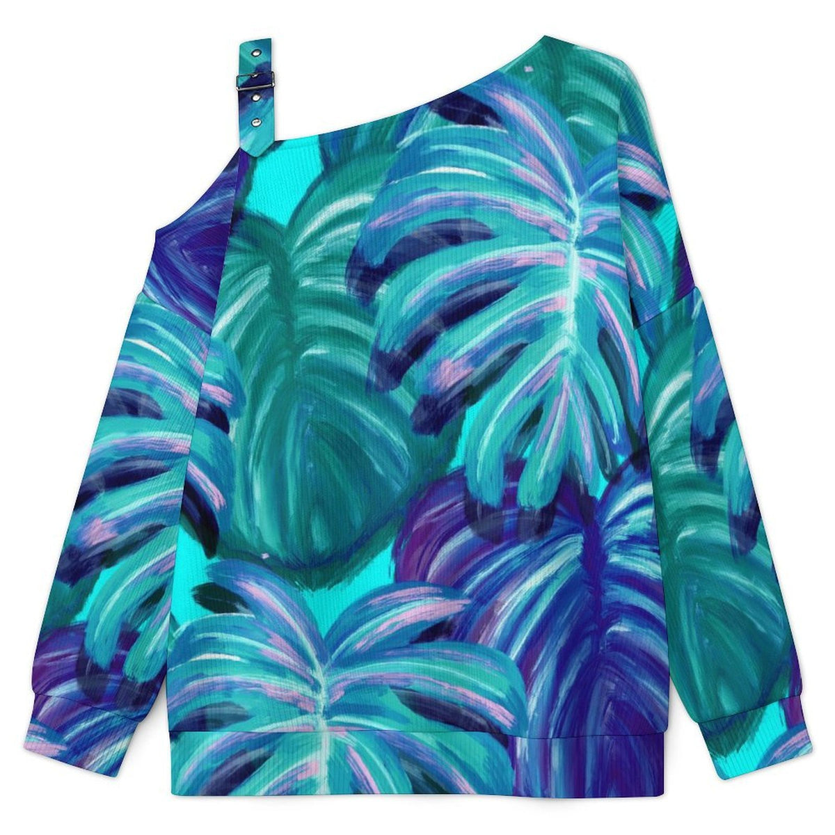 Oil Painting, Marijuana Leaf Buckle Strap Asymmetrical Off Shoulder Knit Sweater