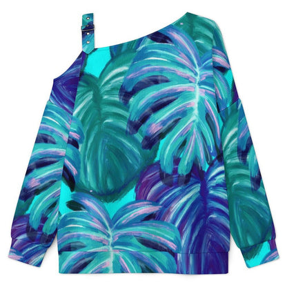 Oil Painting, Marijuana Leaf Buckle Strap Asymmetrical Off Shoulder Knit Sweater