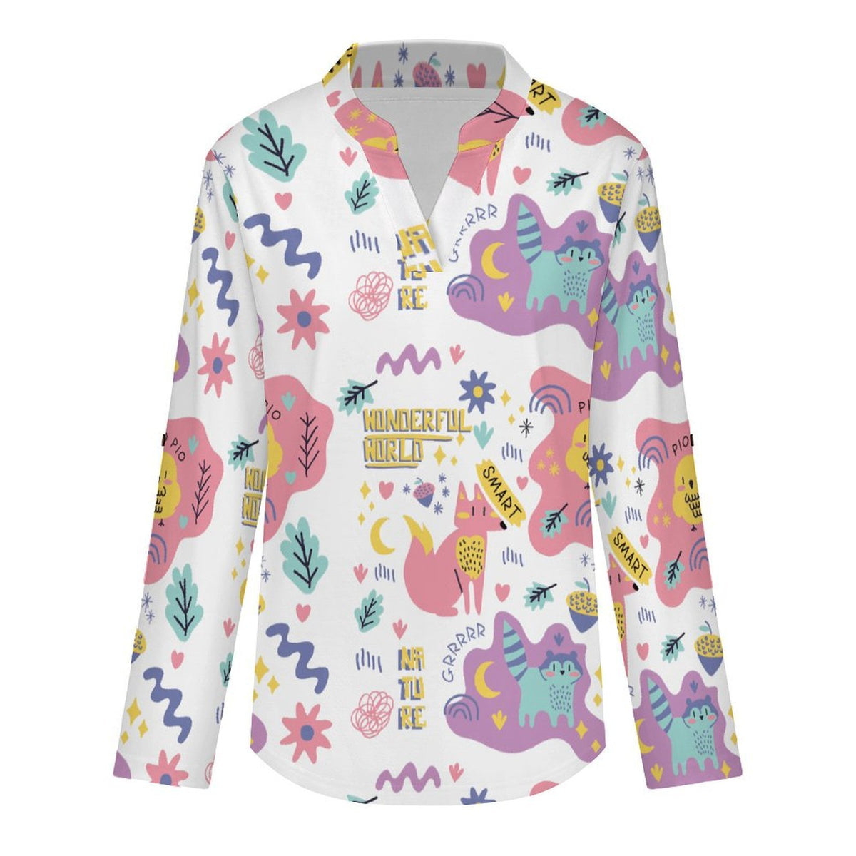 Autumn Cartoon Animal Plant Forest Repeat Pattern Children  Versatile Notched V-Neck Tunic | Roll Tab 3/4 Sleeve Office Casual Top