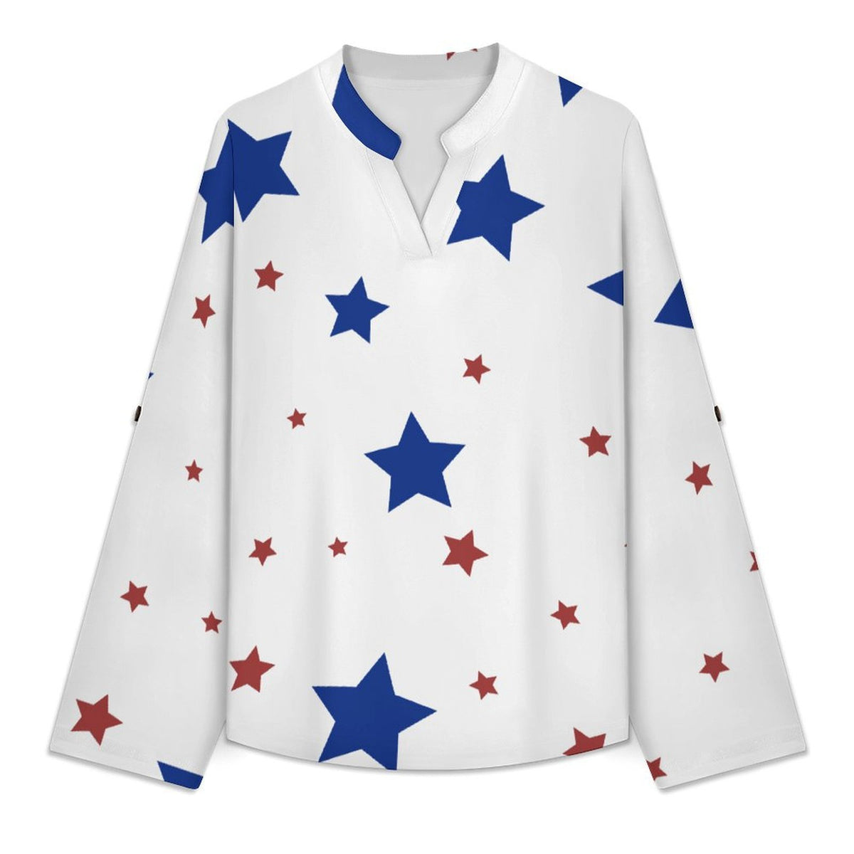 Stars Repeat Pattern Red And Blue  Versatile Notched V-Neck Tunic | Roll Tab 3/4 Sleeve Office Casual Top
