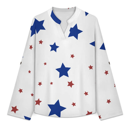 Stars Repeat Pattern Red And Blue  Versatile Notched V-Neck Tunic | Roll Tab 3/4 Sleeve Office Casual Top