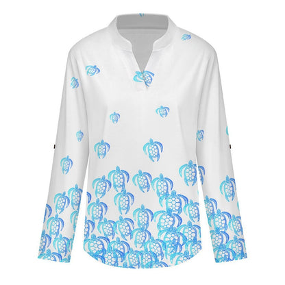 Blue Turtle Dress  Versatile Notched V-Neck Tunic | Roll Tab 3/4 Sleeve Office Casual Top